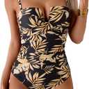 Eomenie Women's Push Up Wrap Front Swimsuit One Piece Tummy Control Bathing Suits Bandeau Support Slimming Swimwear (Large, Black and Gold Printed)