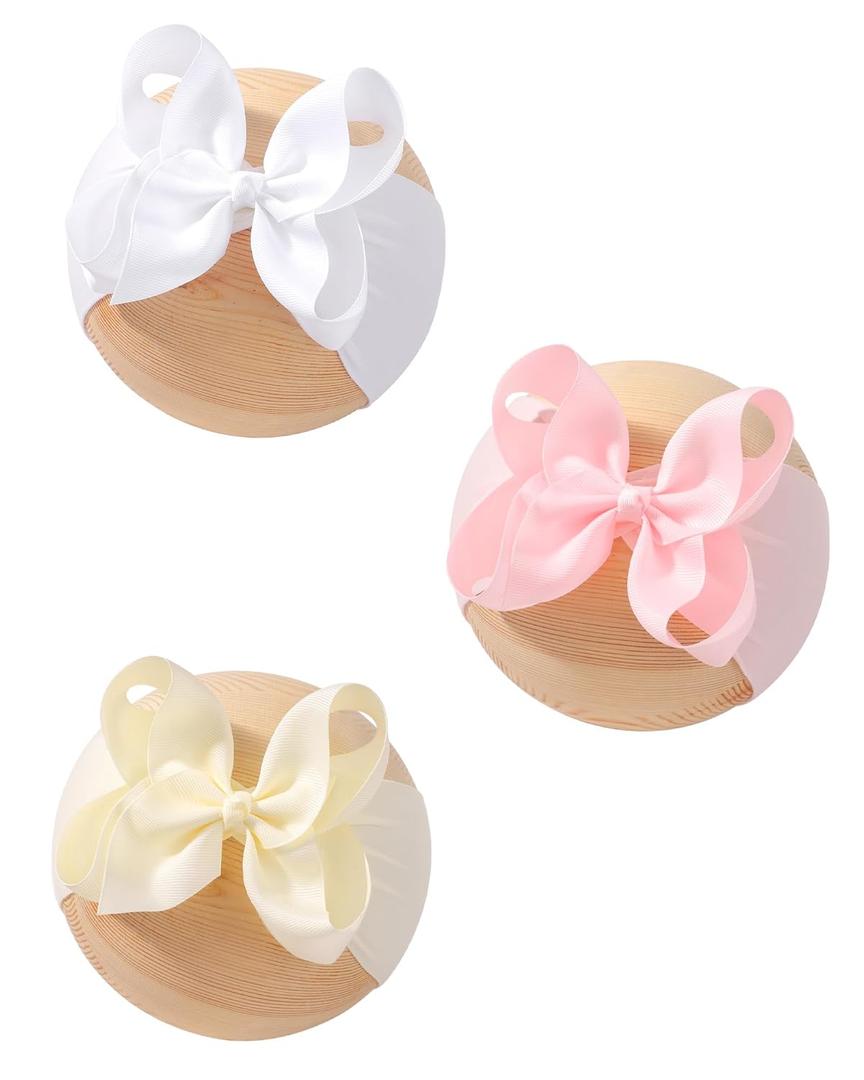 doboi 3PCS Baby Girl Bows Headbands Nylon Hairbands with Ribbon Bow Fine Handmade Elastic Baby Hair Bows Headbands for Baby Girls Newborns Infants Toddlers and Kids (white pink beige)