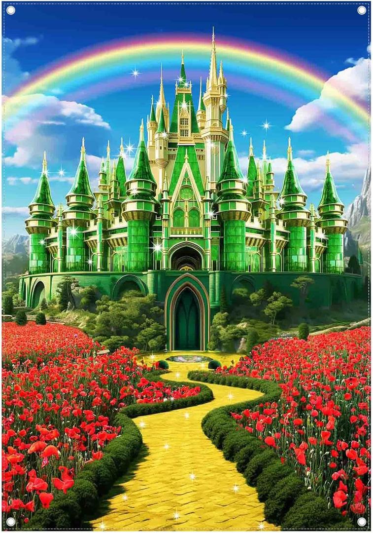 5x7ft Polyester Green Castle Backdrop Yellow Brick Road Rainbow Sky Photography Background Floral Banner Party Decorations Photo Props