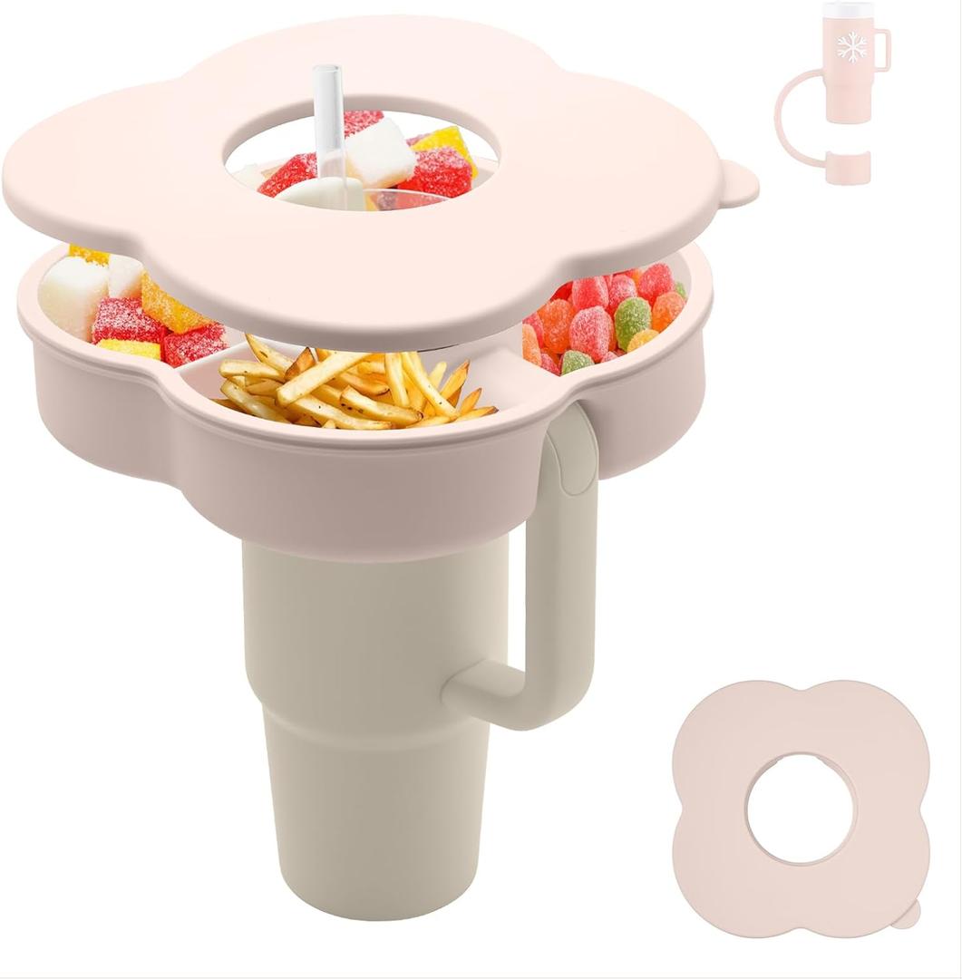 Snack Bowl with Lid for Stanley 30 oz Tumbler with Handle, Silicone Snack Tray Snack Ring for Stanley Cup Accessories, Suitable for Car Cup Holder or Outdoor, Rose Quartz