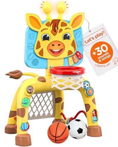 Move2Play, Giraffe Basketball Hoop & Soccer Goal Activity Center | 30+ Sounds & Songs + 5 Lights | 1 2 3 Year Old Birthday Gift for Boys and Girls | Toy for Baby & Toddlers (Yellow)