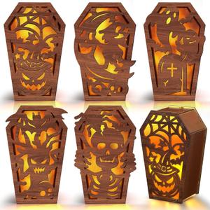 Capoda 5 Pieces Halloween Candle Holder Boxes Decorations Wooden Pumpkin Tombstone Skeleton Dead Tree Witch Coffin Shape Hollowed Decorative Luminary Box for Home Decor Party, Assembly Required