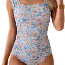 B2prity Womens One Piece Swimsuit Retro Square Neck Tummy Control Bathing Suits Ruched Modest Full Coverage Swimwear (Medium, Pink Floral)