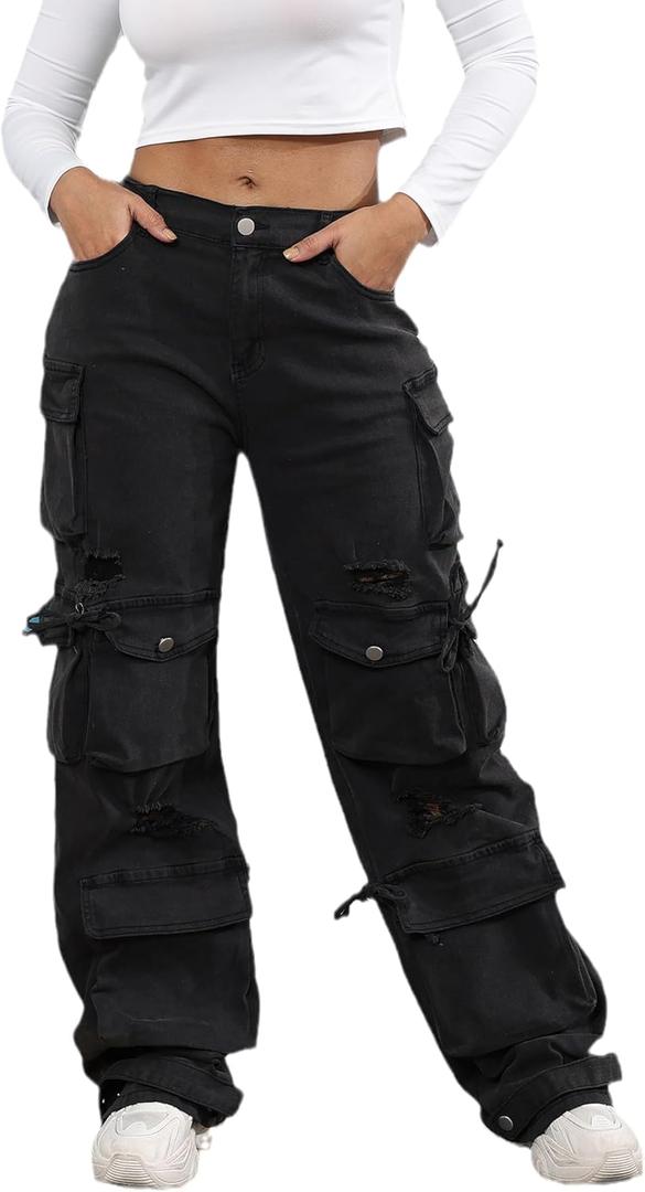 Ryehack Womens Baggy Jeans Y2k Cargo Jeans Casual High Waist Baggy Denim Cargo Pants with Pockets Streetwear (XX-Large, Black)