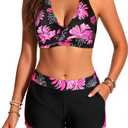 Bikini with Shorts for Women - Halter Two Piece Swimsuits High Waisted Bathing Suits with Pocket 2026 Boyshorts Swimwear (X-Large, Pink Floral)