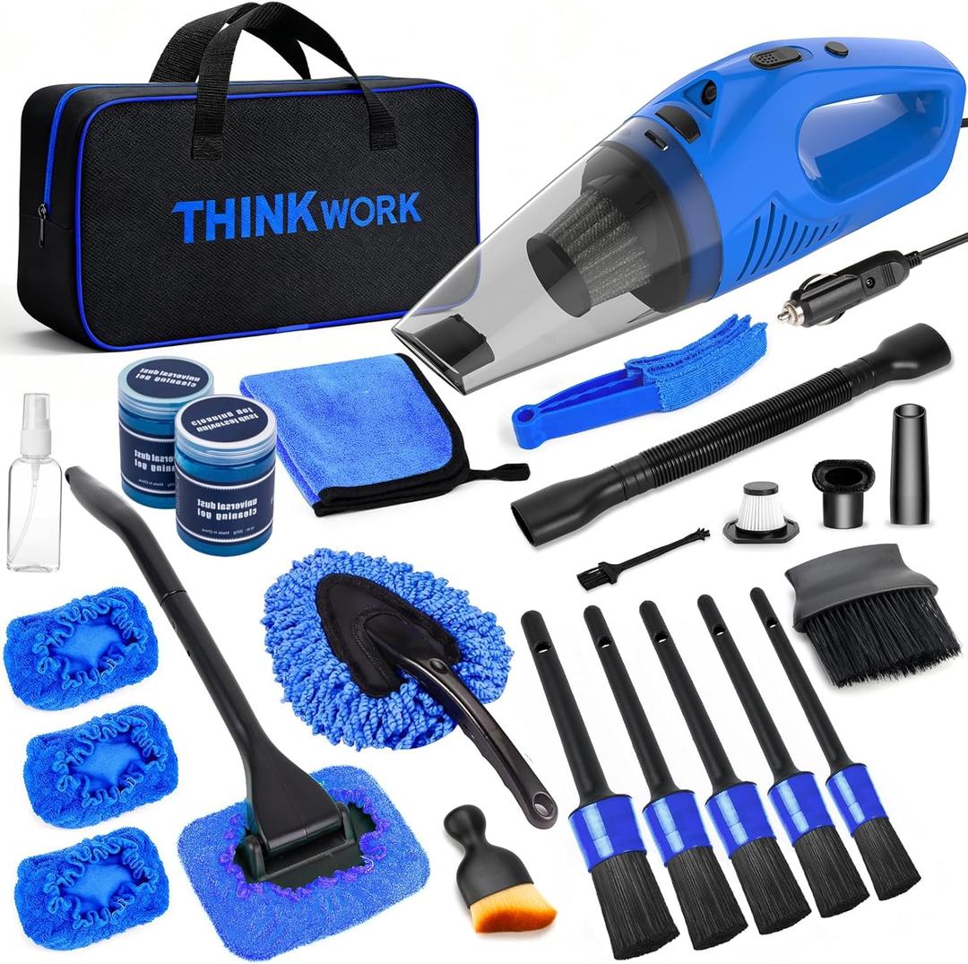 THINKWORK Car Cleaning Kit Car Detailing Kit, Car Cleaning Kit Interior Cleaner with High Power Blue Handheld Vacuum Cleaner,Brush Sets,Windshield Cleaner and Storage Bag, Car Accessories, Car Gift Set