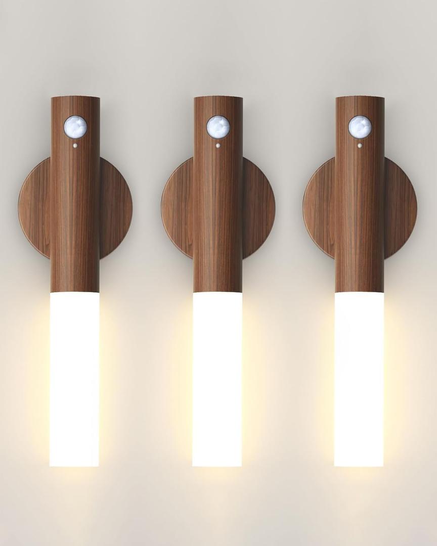 Battery-Operated Motion Sensor Night Lights: 2200mAh Rechargeable Wall Sconces Magnetic Wall Lights Wireless Stairway Lights Portable Hallway Light Wooden Wall Lighting for Bedroom Stair Picture