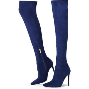 Elisabet Tang Thigh High Boots Over the Knee Boots for Women,Sexy 4.3 inch Stilettos High Heels Boots Stretch Suede Long Pointed Toe Shoes (9, Navy Blue)