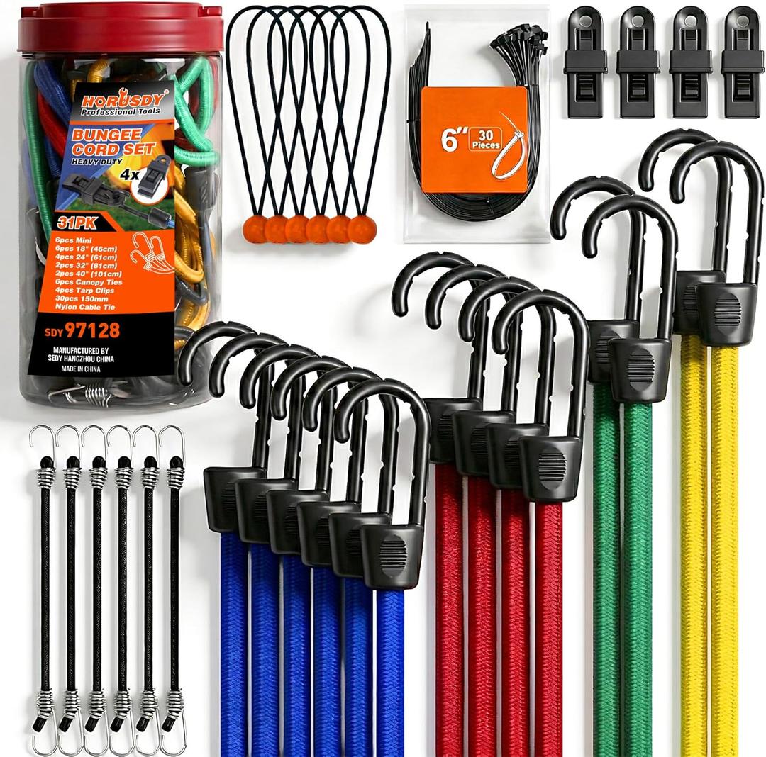 HORUSDY 31-Piece Premium Bungee Cords Assortment Jar, Includes 10,18,24,32,40 Bungee Cords, 6 Zip Ties, 8Canopy/Tarp Ball Ties and Crocodile Mouth Tarp Clips