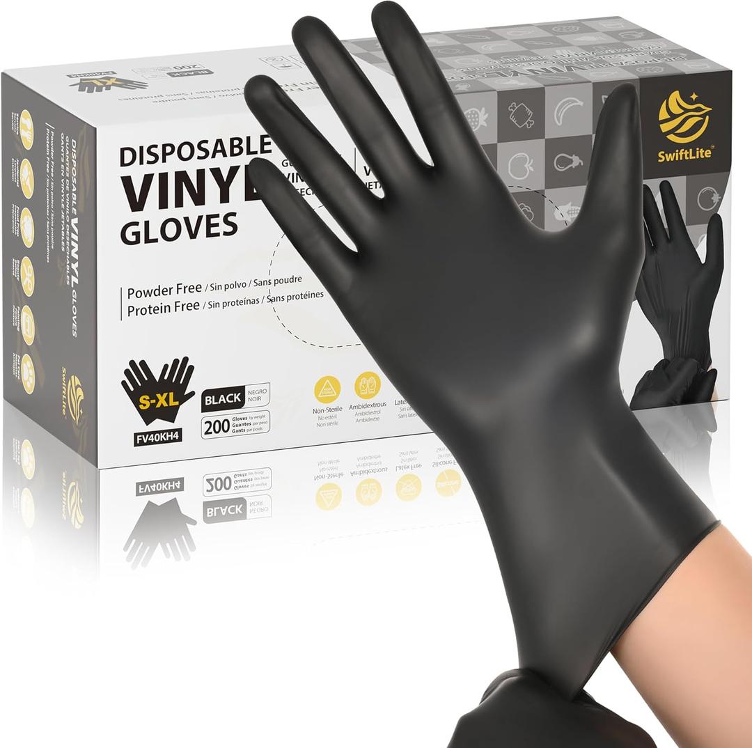 Black Vinyl Gloves, Food Grade Gloves Disposable Latex Free & Powder Free, Guantes for Cleaning Cooking Food Prep (200, Medium)