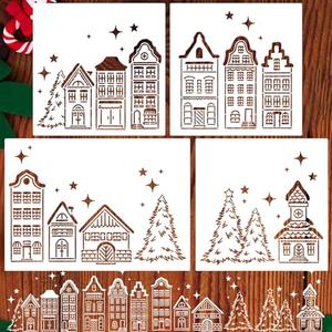 Christmas Stencils for Window Glass Large Christmas Stencils for Crafts Reusable Xmas Village House Holiday Stencil for Painting on Doormat Wood Fabrics Decor