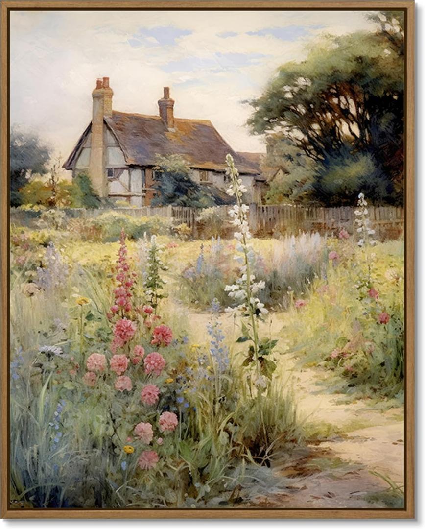 Gardenia Art English Cottage Garden Canvas Wall Art Nature Flowers Scene Wall Pictures Framed French Country Decor Painting for Bedroom, Bathroom, Living Room Farmhouse Aesthetic Room Decor 8x10 Inch