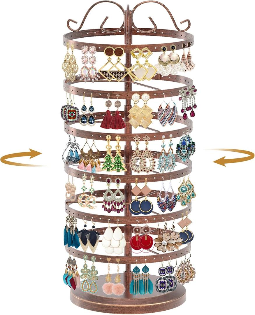 MODOWEY Rotating Earring Holder Organizer Stand, 6 Tier Large Capacity Jewelry Display Tree for Women Vendors, 264 Hole Adjustable Metal Rack for Stud Hoop Dangle Storage, Spin for Easy Access, Bronze (Copper)