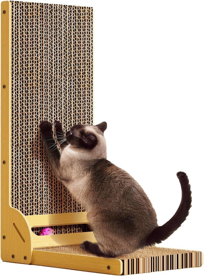 L-Shaped Cat Scratcher for Indoor Cats  Durable Cardboard Scratching Pad with Ball Toy & Catnip, Furniture Protector Cat Scratcher Lounge, Large Cat Scratch Board (Natural Design)