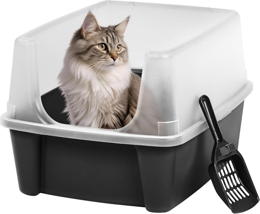 IRIS USA Large Cat Litter Box with Scatter Shield and Scoop, Open Top High Sided Cat Litter Pan, Black