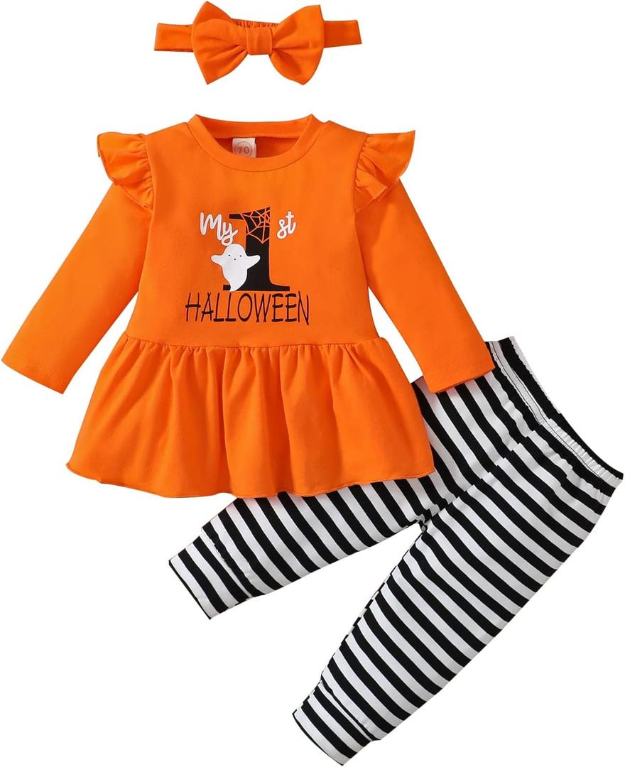 Noubeau My 1st Halloween Baby Girl Outfits Ruffle Pumpkin Print Tunic Drees Shirt Stripe Pants Legging Fall Winter Clothes (3-6 Months)