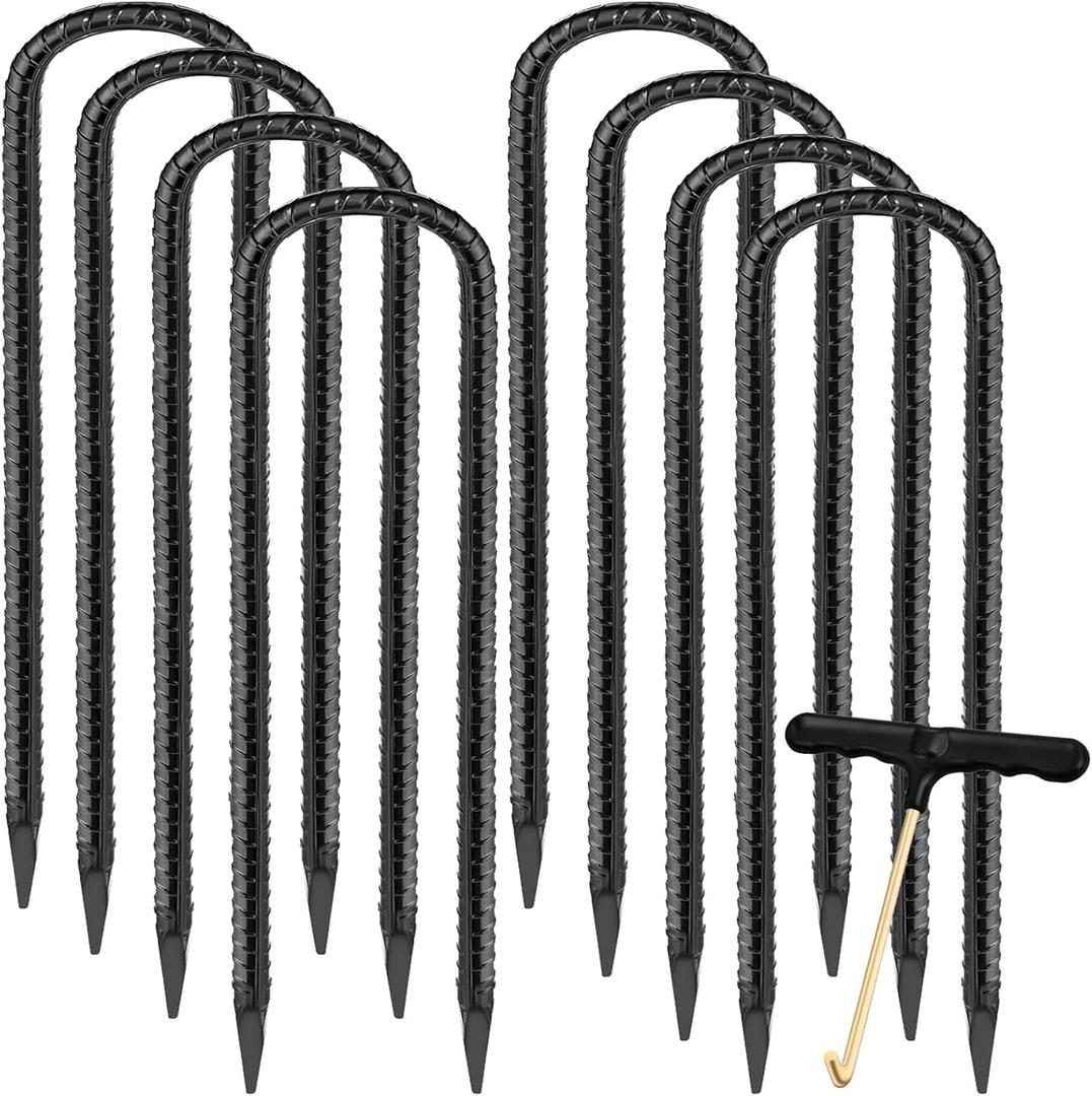 Trampoline Stakes Trampoline Anchors High Wind Heavy Duty Trampoline Accessories Galvanized Steel Set of 8 for Trampolines (12inch Rebar Black 8Pcs)