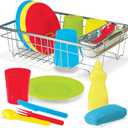 Melissa & Doug Wash and Dry Dish Set - 24 Pieces Kids Play Dishes, Play Kitchen Accessories, Toy Dishes for Kids Kitchen Ages 3+
