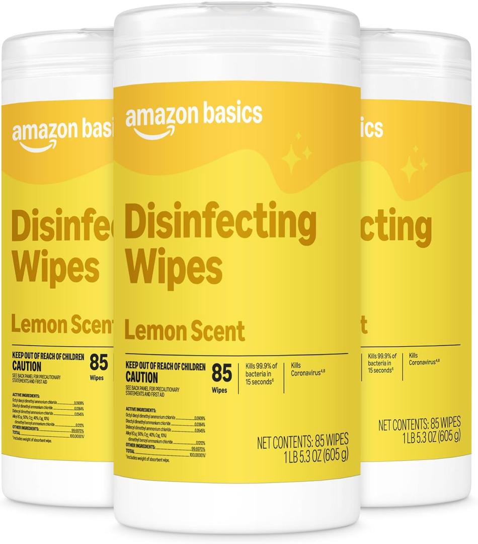 Amazon Basics Disinfecting Wipes, Lemon Scent, for Sanitizing, Cleaning & Deodorizing, 255 Count (3 Packs of 85)