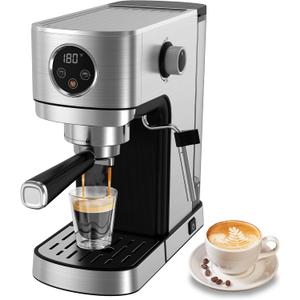 VEGETA Espresso Machine 20 Bar, Small Coffee Maker with 40oz Removable Water Tank, Stainless Steel Espresso Machine with Steam Milk Frother, Latte & Cappuccino Machine for Home, Silver