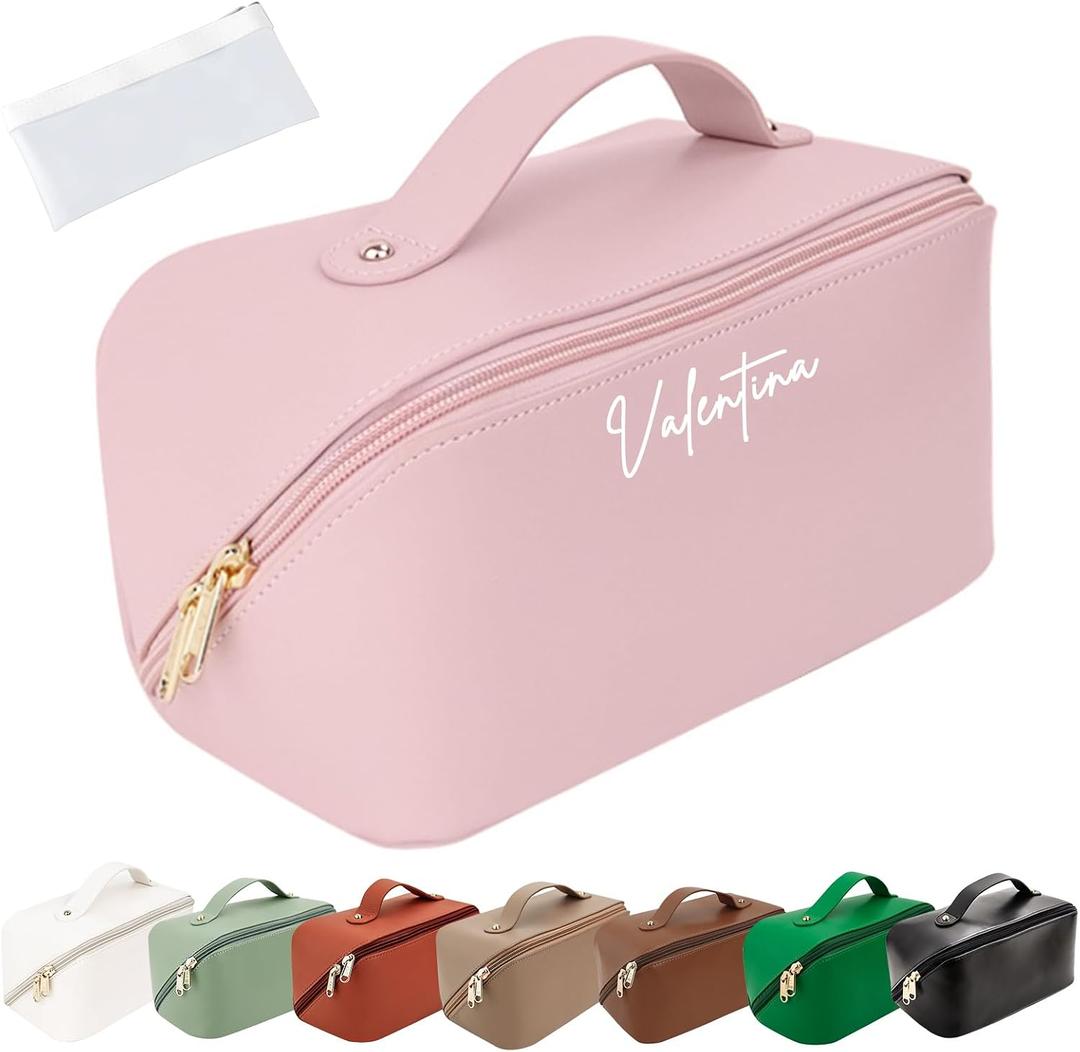 6 x Personalized Travel Makeup Bag, Customized Large Capacity Cosmetic Bag with Printed Name Initials, PU Leather Toiletry Bag for Women, Wide Open Portable Pouch with Divider and Handle, Mothers Day Gift