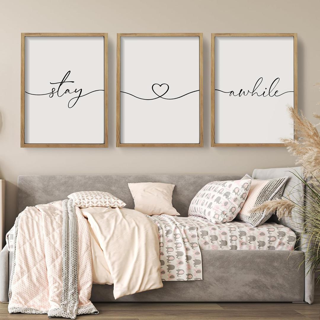 Houmury Set of 3 Framed Farmhouse Rustic Stay Awhile Wall Sign 11x14 for Home Living Room Guest Room Entryway Wall Decor with Solid Wood Frame (11 * 14 Brown) (11"x14")