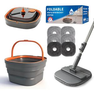 Collapsible Mop and Bucket Set, Spin Mop with Separate Dirty and Clean Water, 6 Replaceable Mopping Pads with Foldable Handle, Deep Cleaning Mops and Buckets for Household Use Floor Cleaning