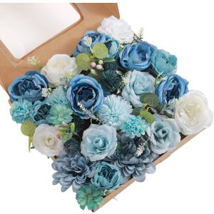 Artificial Flowers Combo, Fake Flowers for DIY Tables Centerpieces Baby Shower Bridal Shower Wedding Bouquet Arrangements Party Candle Holder Cake Decor Flower Home Decorations (Blue White)