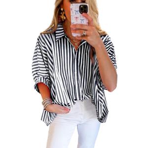 Women 2025 Summer Stripe Dolman Sleeve V Neck Oversize Shirt Tops Casual Button Up Short Sleeve Striped Blouse (S)