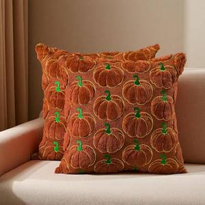 Fall Decorative Throw Pillow Covers 18*18 Set of 2 Fluffy Faux Fur Embroidered Cushion Case Rust Pumpkin Autumn Thanksgiving Harvest Farmhouse Decoration for Outdoor Sofa Couch Bedroom Living Room