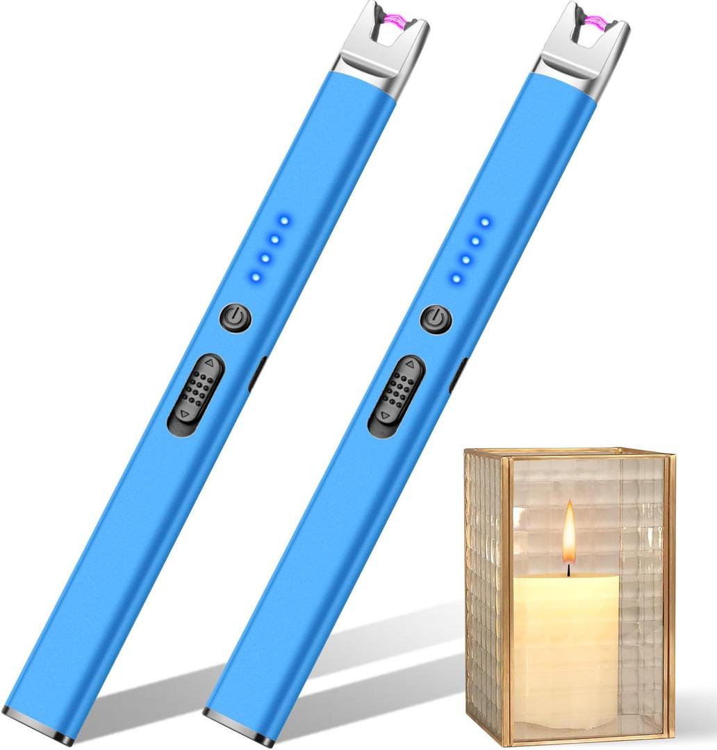 LcFun 2 Pack Blue Candle Lighter Electric USB Rechargeable Plasma Arc Lighter with Safety Lock, Windproof Flameless Long Lighters for Candle, Grill, BBQ, Camping, Gas Stoves