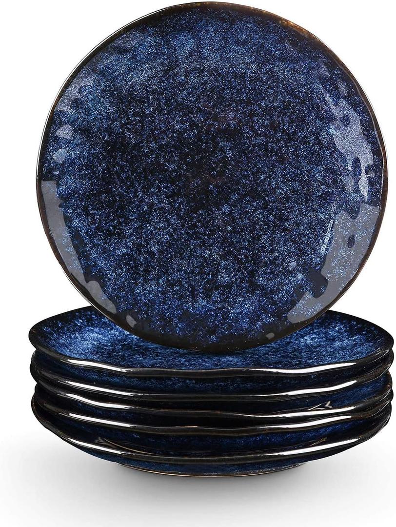 vicrays Ceramic Dessert Salad Plates, 8 Inch, Set of 6, Round, Microwave, Oven, and Dishwasher Safe, Scratch Resistant, Porcelain Fluted Suitable for Snacks, Appetizer, Home, Restaurant (Blue)