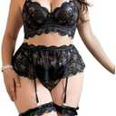 Verdusa Women's Plus Size 4 Piece Lingerie Set Floral Lace Sheer Bralettes and Thong with Garter Belt.4XL
