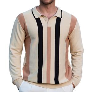 Ryehack Mens Casual Polo Shirts Knit Long Sleeve Vintage Striped Button T-Shirt Slim Fit Golf Vacation Shirt (L)