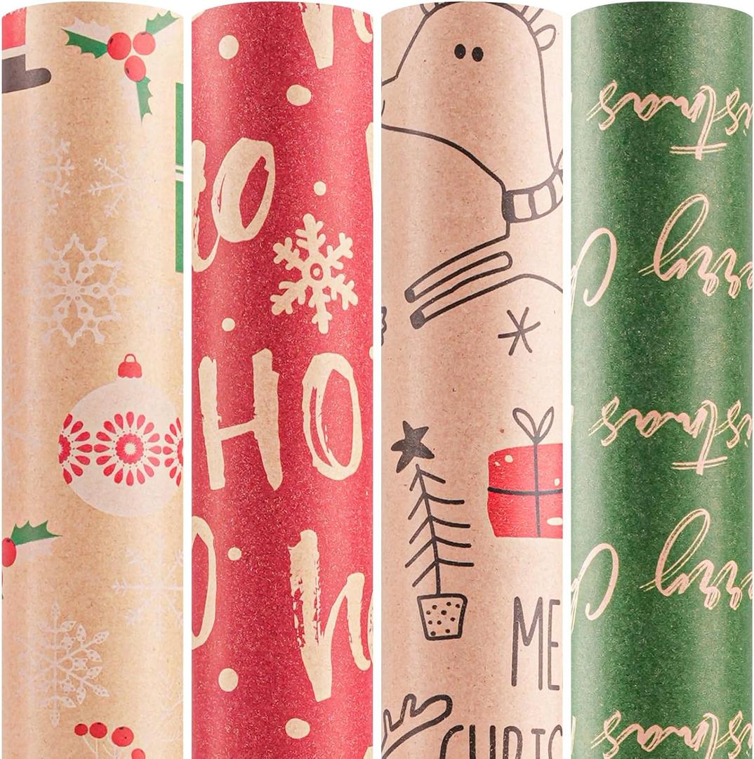 Happypapa Christmas Wrapping Paper, Kraft Xmas Wrapping Paper Rolls - Santa Claus, Gift, Reindeer and Merry Christmas Pattern - 4 Rolls - 17 Inch  120 Inch Per Roll