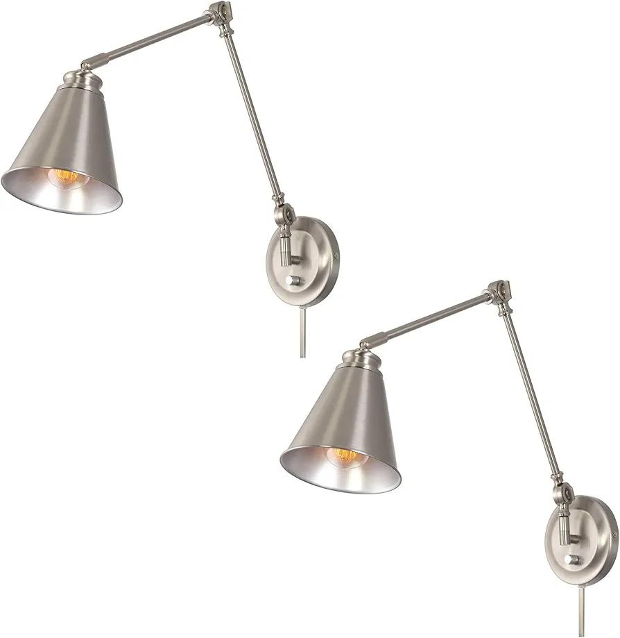 Kira Home Ellis 18" Vintage Industrial Swing Arm Wall Lamp + Adjustable Head, Plug in/Wall Mount + Cord Covers, Brushed Nickel Finish, 2-Pack