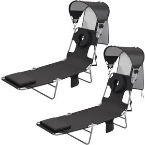 Backpack Beach Tanning Chair with UPF 50+ Canopy Sun Shade Face Hole, Folding Lounge Chair Reclining 6 Position for Adults Reading Sunbathing Outside Poolside Camping (Black)