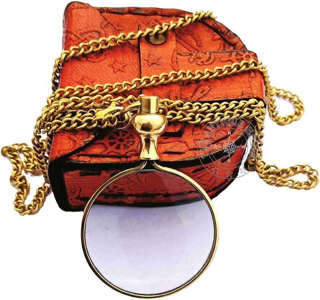 Brass Magnifying Glass, Optical Magnifier Lens with Necklace Chain Monocle for Library Reading Fine Print Zooming Increase Vision