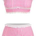 ZAFUL Womens High Waisted Bikini Sets 2 Piece Plaid Ruffle Swimsuits Back Strap Top with High Waisted Shorts Bathing Suit (Pink, M)