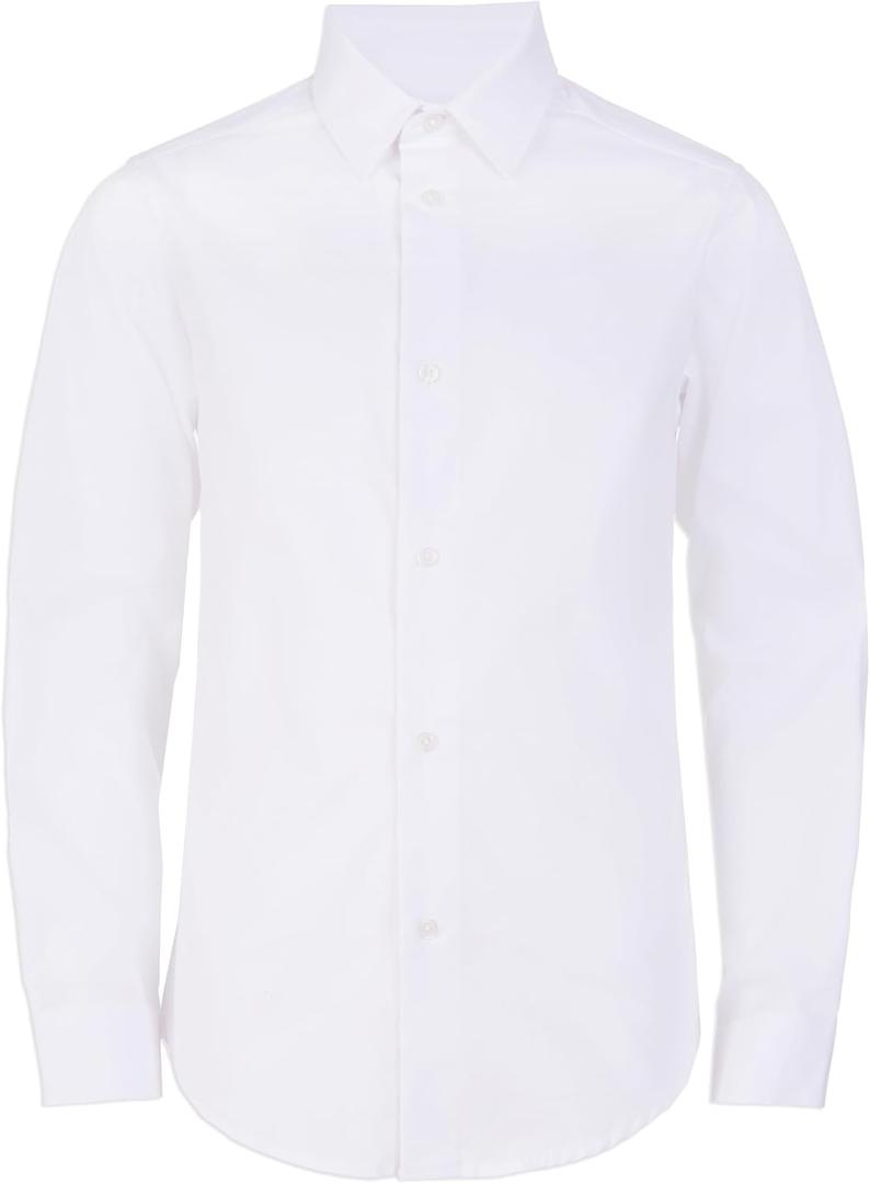 Calvin Klein Boys' Long Sleeve Slim Fit Dress Shirt, Button-Down Style with Cuffs & Shirttail Hem (12, White)