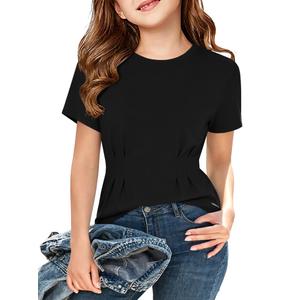 ZDC Girls Pleated Short Sleeve T Shirts Summer Crewneck Tops Casual Cute Basic Tees 5-14 Years Black