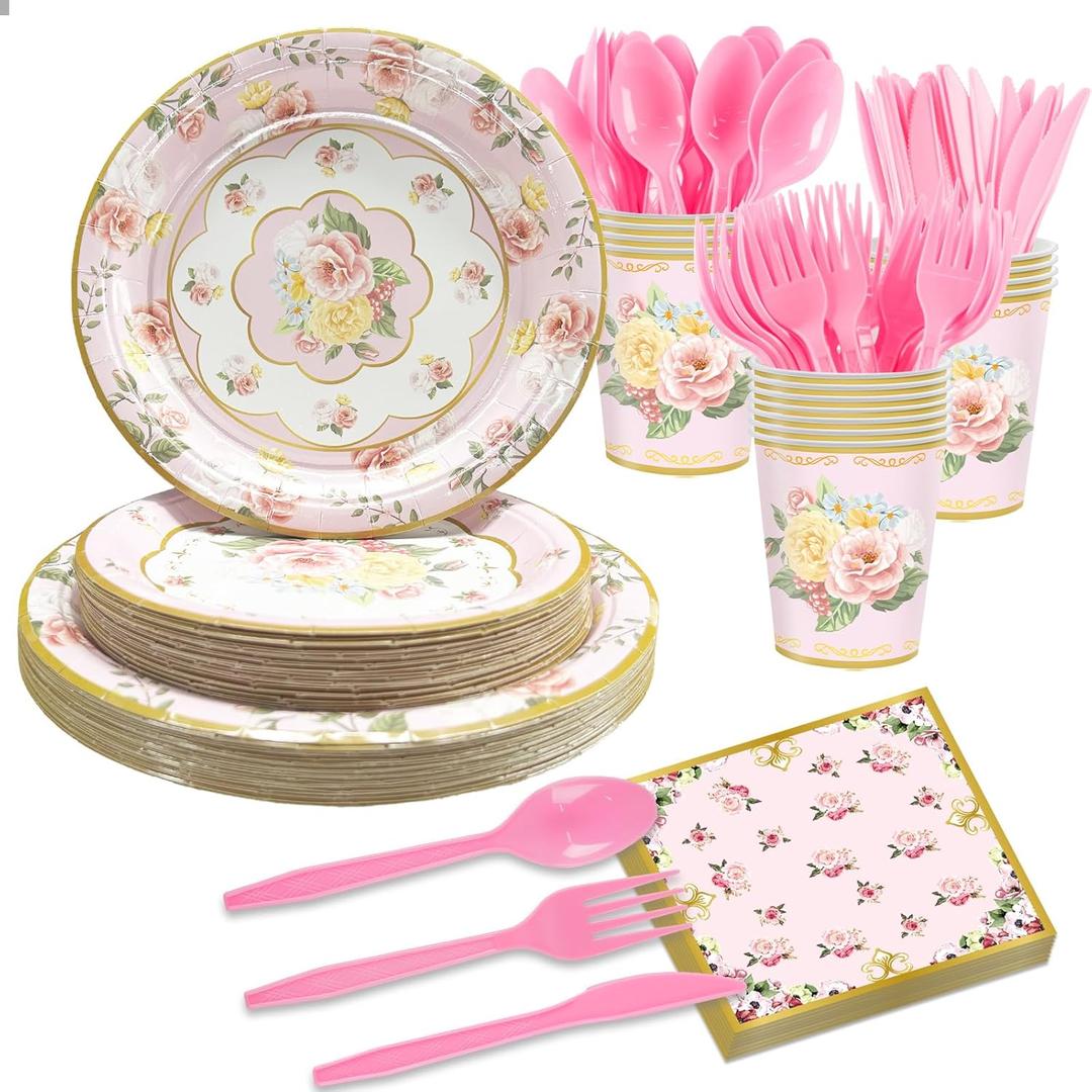 168PCS Floral Paper Plates & Napkins Set - Tea Party Decorations & Supplies for 24 Guests, Disposable Plates for Bridal Shower, Baby Shower, Birthday, Wedding