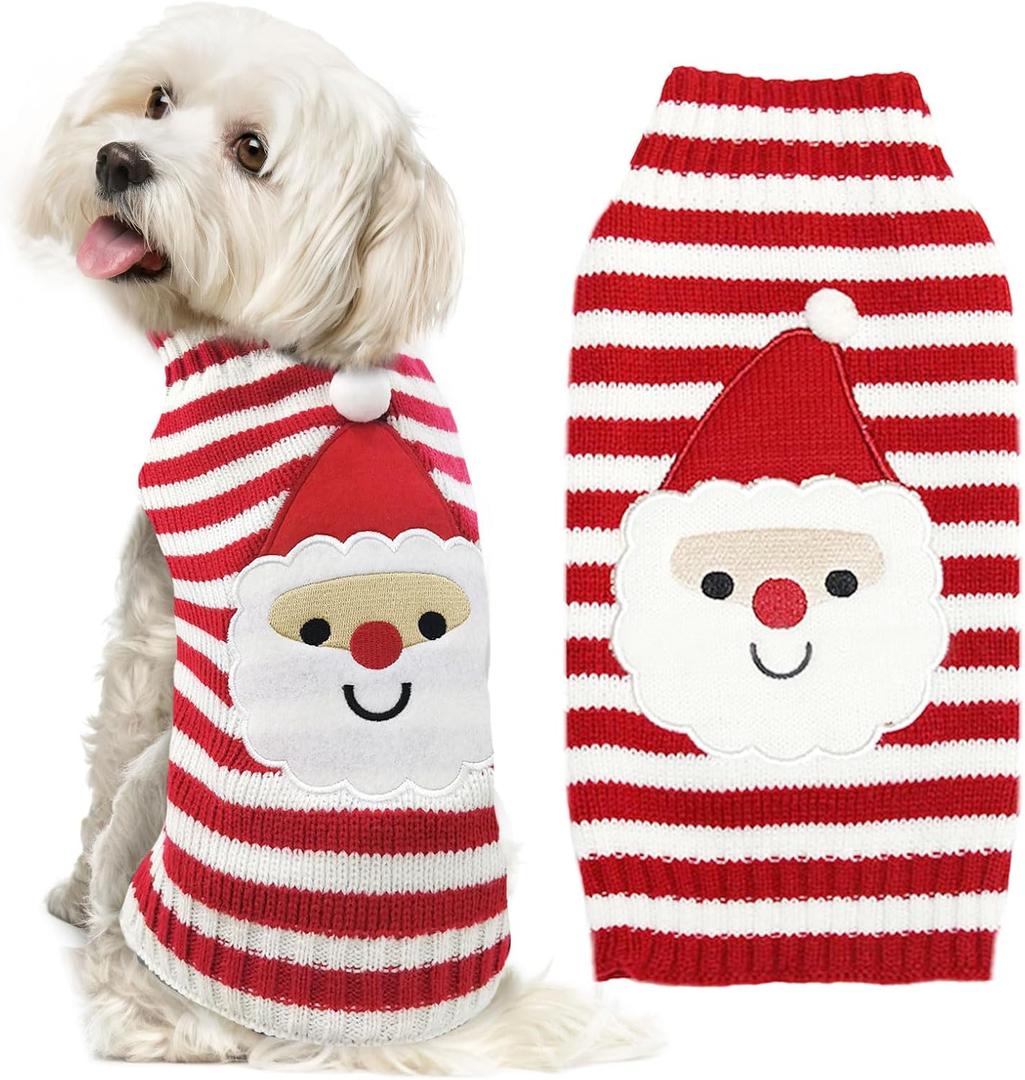 Dog Christmas Sweater Xmas Pet Clothes Cute Striped Santa Claus Costume Holiday Puppy Cat Jumpers Outfits New Year Gifts for Small Medium Large Dogs (S, Red White Stripe Santa Claus)