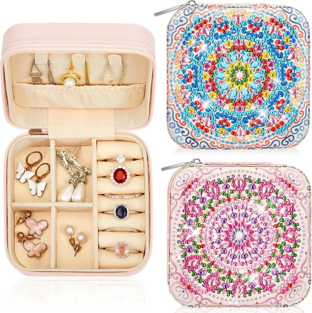 Hinly 2 Pcs Portable Diamond Painting Jewelry Storage Box DIY Diamond Art Accessories PU Leather Jewelry Ring Organizer Case Travel Jewelry Organizer(Charming Style,Elegant Color)