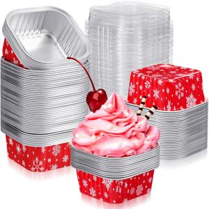 100 Pcs Christmas Aluminum Cups Foil Cupcake Container with Lids 5 oz Xmas Square Foil Pan Holder Mini Disposable Ramekins Cake for Xmas Party(Snowflake)