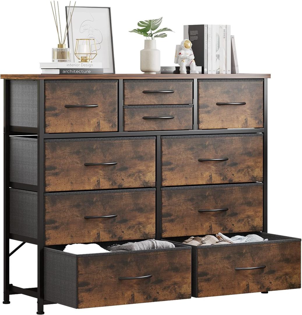 LUMTOK 10-Drawer Dresser, Fabric Storage Dressers for Bedroom, Hallway, Nursery, Closets, Steel Frame, Wood Top, Easy Pull Handle (Rustic Brown)