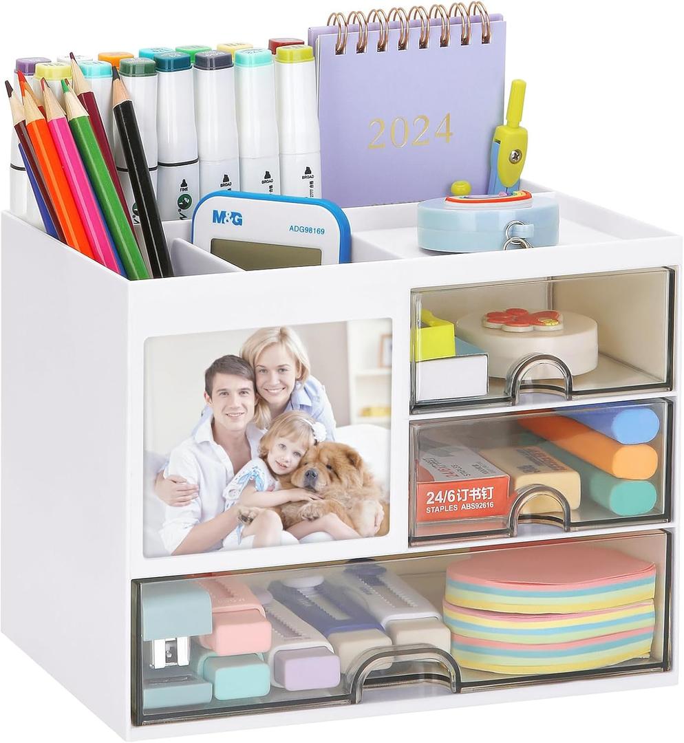 Multifunction Desk Organzier with Drawers, Cosmetic/Makeup Vanity Organizer Box, 3 Drawers Plastic Stationary Storage Organzier, Desktop Desk Storage Drawers for Office Supplies, School, Home (White)