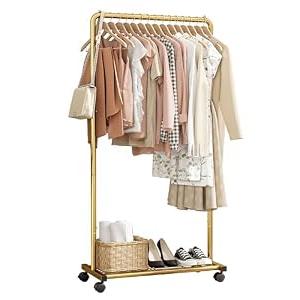 Clothes Rack - Clothing Rack with Storage Mesh Shelf & Casters, Heavy-Duty Metal Clothing Rack for Hanging Clothes, Dresses, Coats, Large Load Capacity, Easy Assembly, Gold, 28.0"x16.9"x59.0"