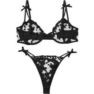 Sexy Womens Underwire Strappy Embroidered Mesh Sheer Lingerie V Neck Set See Bra 2 Piece (Black, XL)