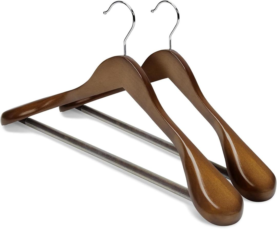 HOUSE DAY Wood Suit Hangers for Men, Smooth Wide Shoulder Wooden Hanger with Non Slip Pant Holder, Wide Hangers for Suits, Coats, Jackets, Heavy Wide Clothes Hanger 2 Pack, Walnut